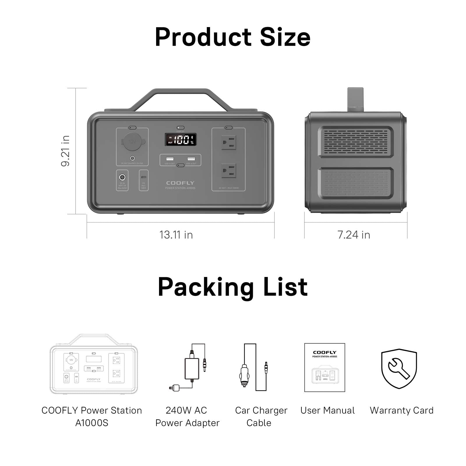 COOFLY Solar Generator A1000S 1021Wh, 1000W(Surge to 1200W)